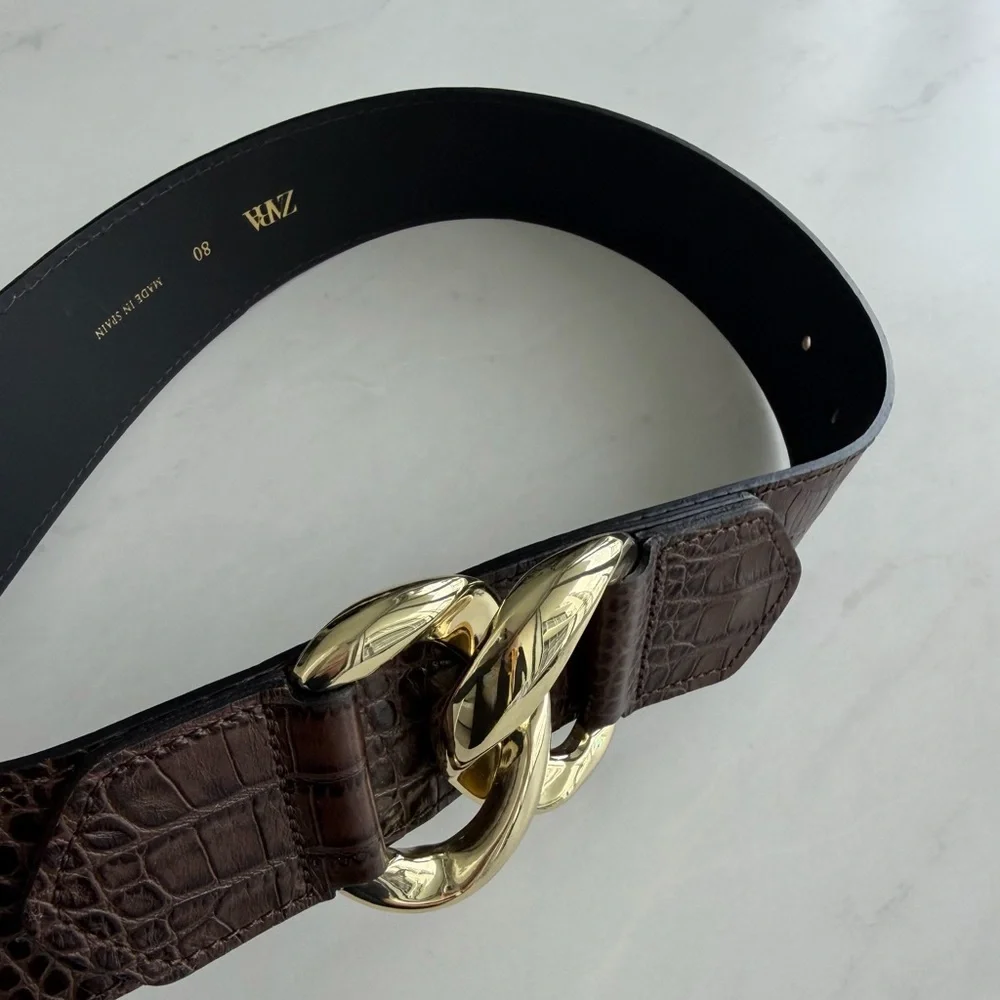 Zara Leather Brown Croc-Embossed Belt with Gold Buckle